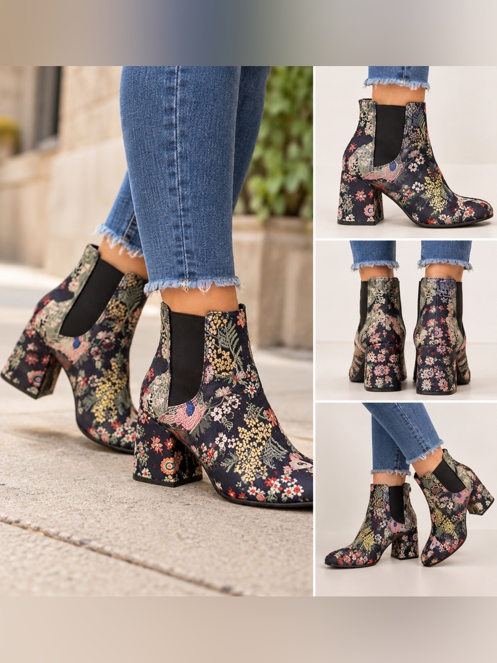Floral Embroidered Heeled Ankle Boots